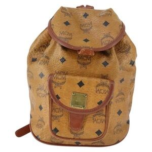 MCM Cognac Logo Canvas Backpack with Brown Leather Trim